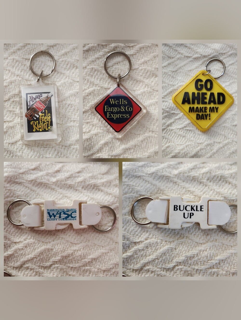Vintage Coca-Cola Wells Fargo "Go Ahead Make My Day" Buckle Up Keychain Bundle